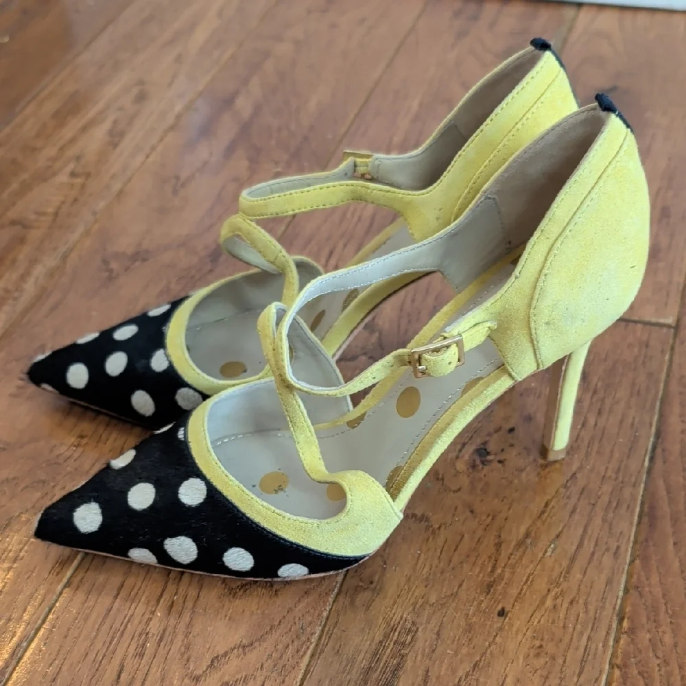 Boden Trisha Yellow and Black Polka Dot Cowhide Pointy Toe Strappy Heels - Picture 1 of 16